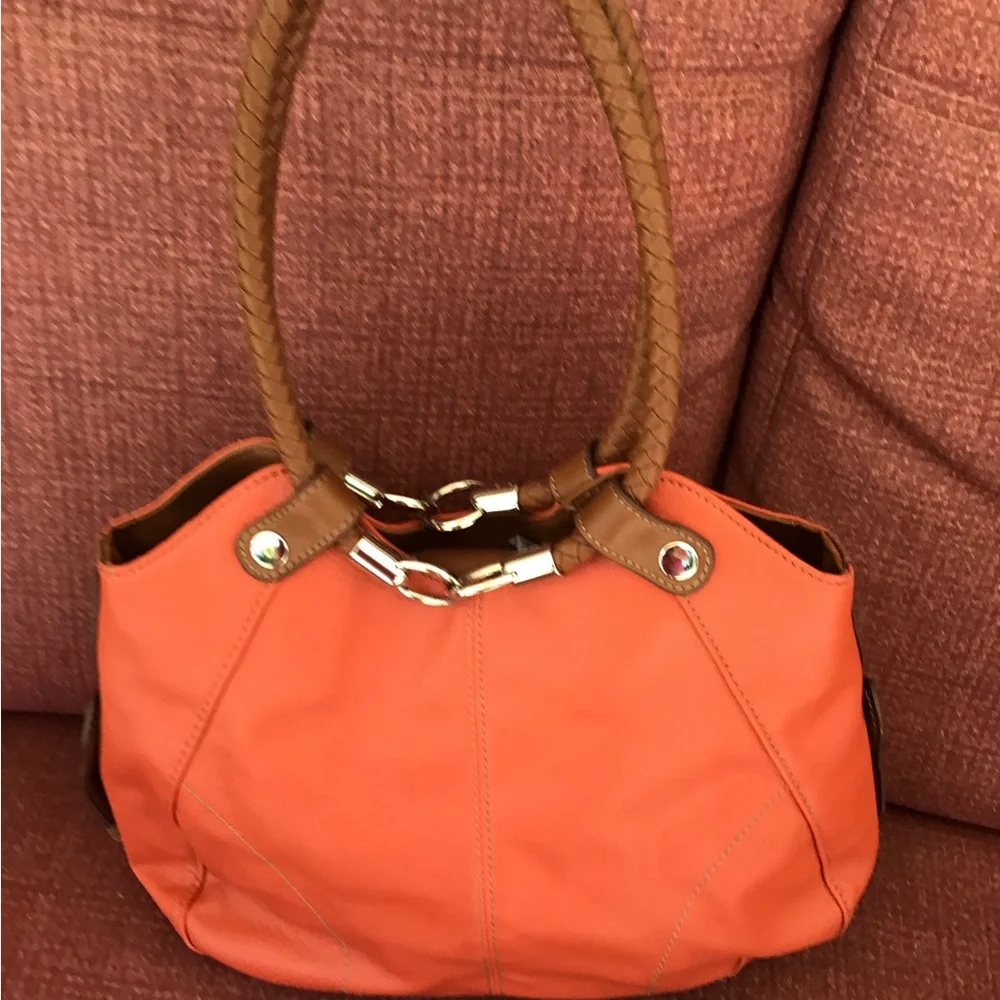 Coral orange brown Handbag purse braided handles 14” x 18” including handles EUC - Picture 7 of 15